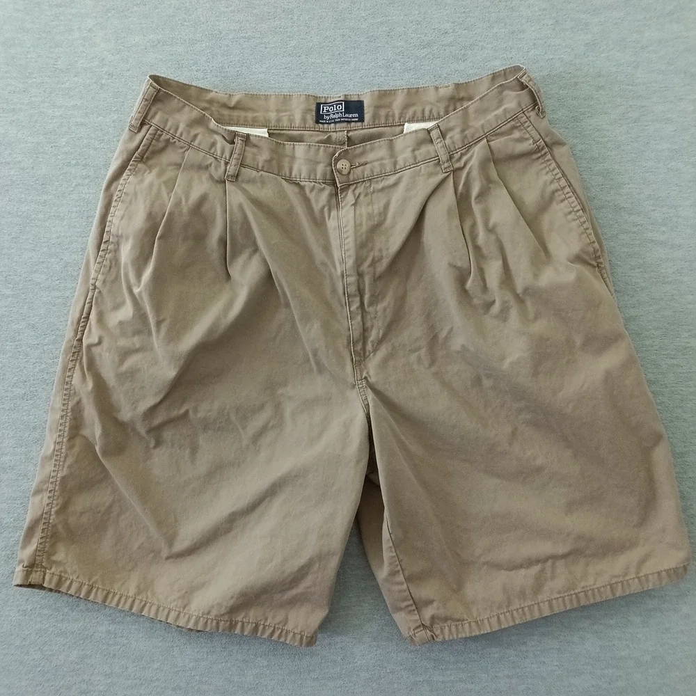 Polo Ralph Lauren Mens Pleated Chino Shorts Khaki Tan Cotton USA Made Size 35